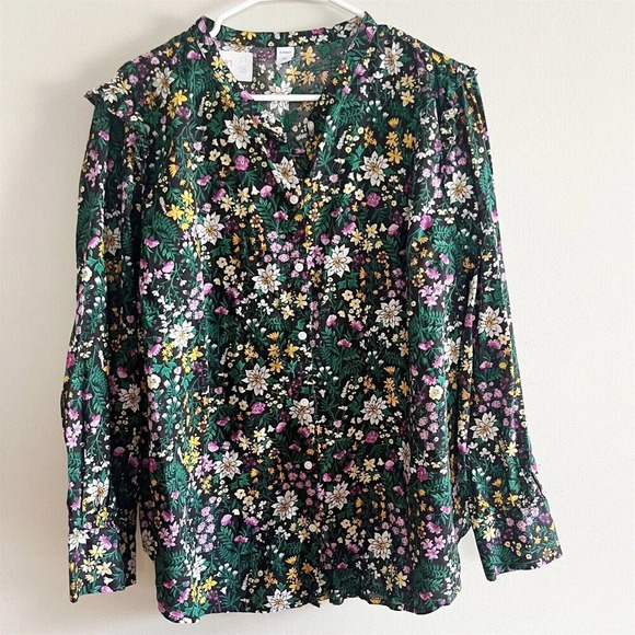 Old Navy Women’s Green Floral Top Button-Up Ruffle Peasant XXL CottageCore - Picture 1 of 8